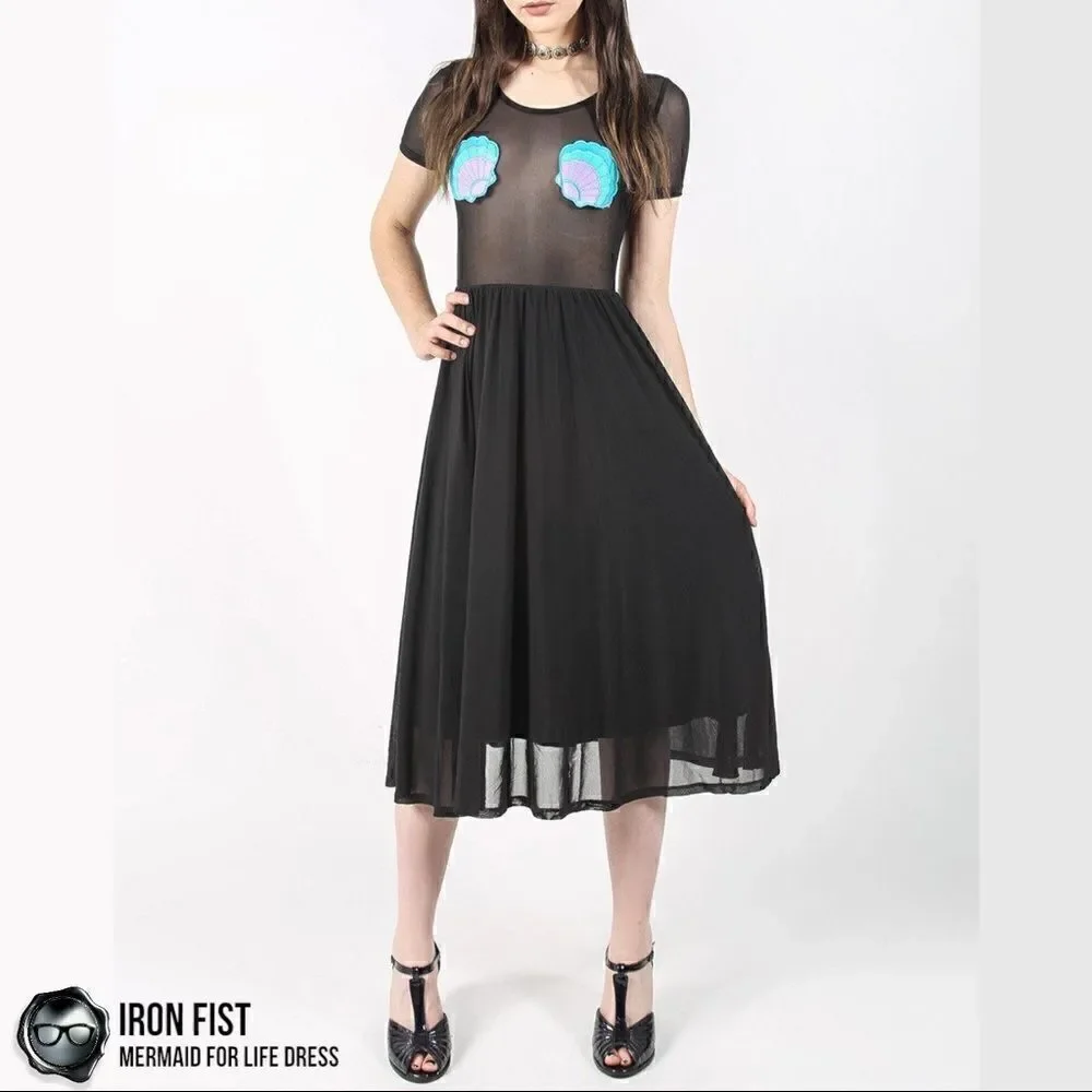 IRON FIST/DOLLS KILL MERMAID FOR LIFE LAYERED MESH DRESS IN BLACK HALLOWEEN MIDI